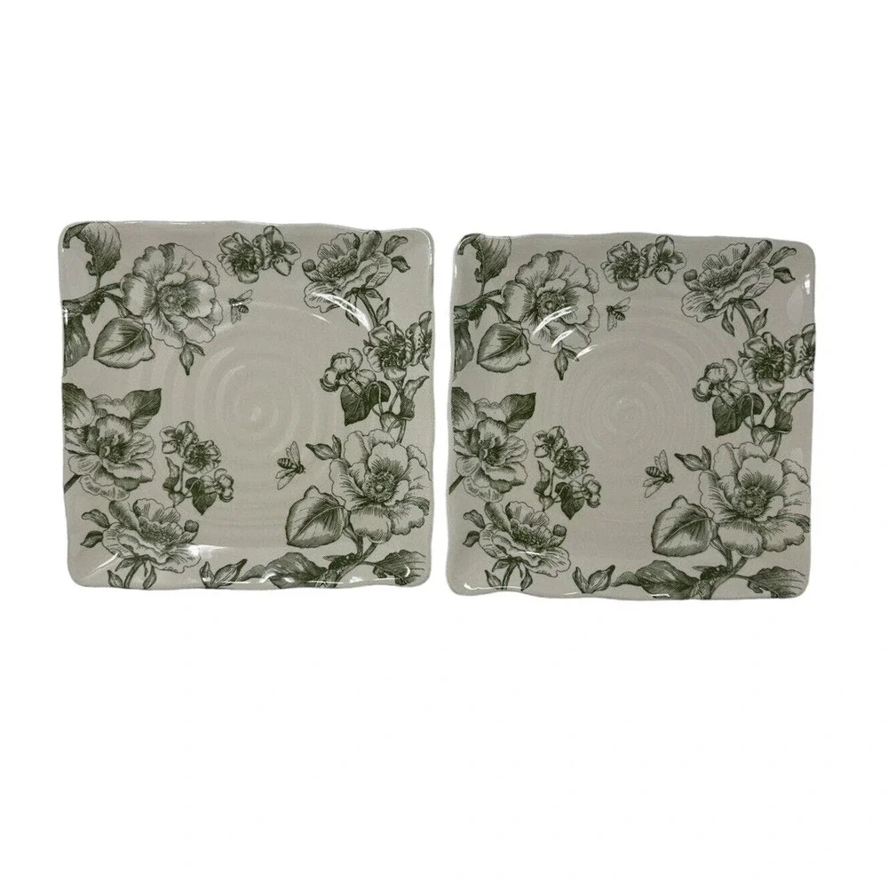 MAXCERA Green Floral Dinner Plates 11in Square Ceramic Set of 2 NEW